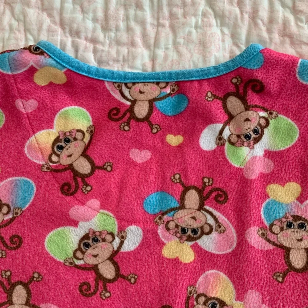 J. Khaki Nightgown Girls L 10/12 Pink Monkey Flannel Pajamas Long Sleeves Hearts
